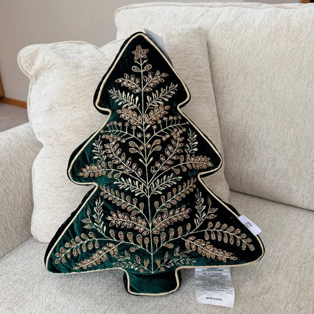 34th & Pine Elegant Embroidered Green Velvet Tree Pillow with Gold Accents